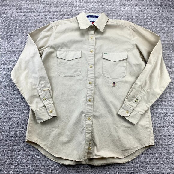 Vintage 90s Tommy Hilfiger Shirt Women Size 4 Brown Button Up Preppy Box Logo - Picture 1 of 11